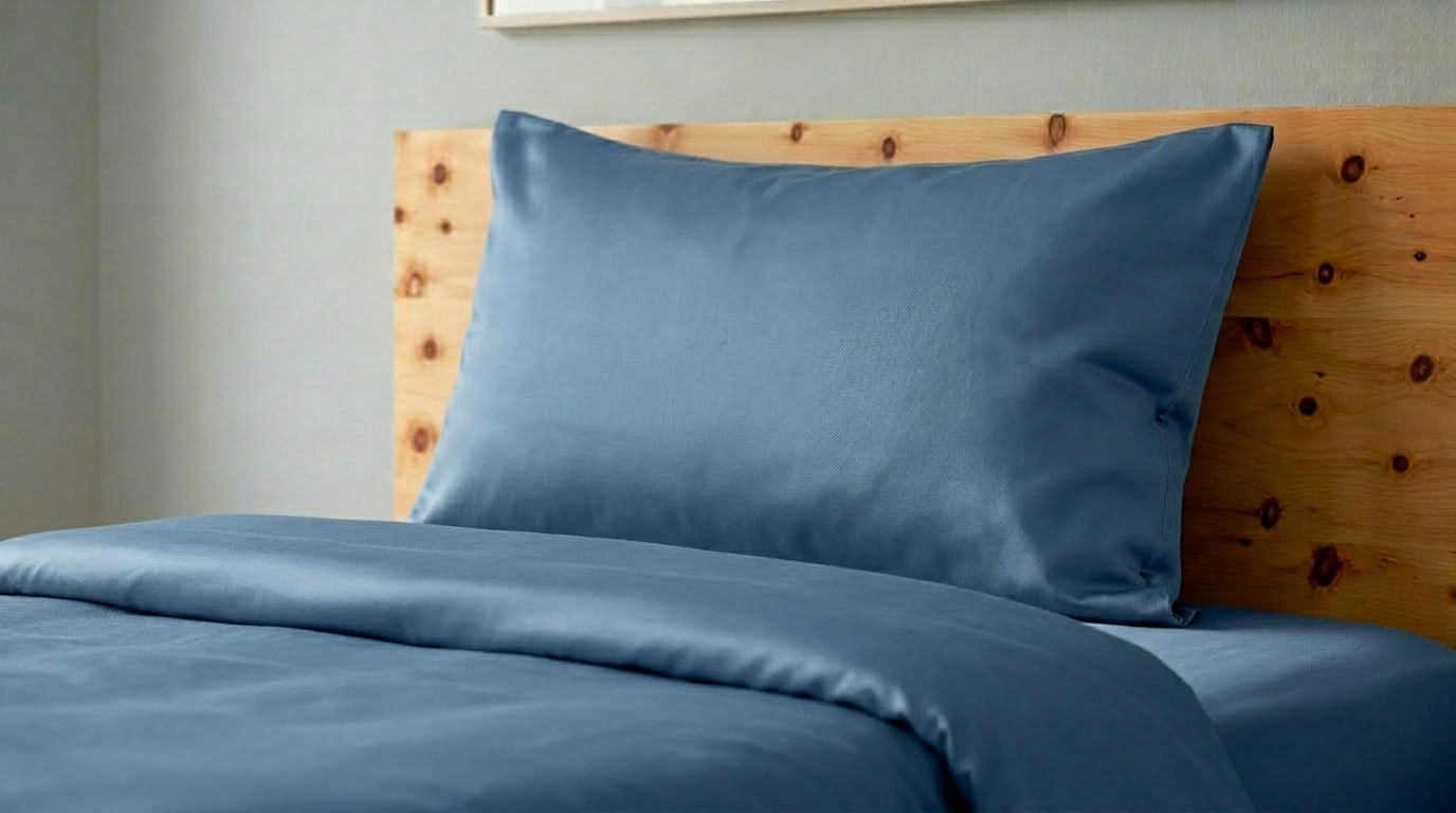Baumwolle Satin an einem Kissen und einem Duvet. Die Bettwäsche in bleu.