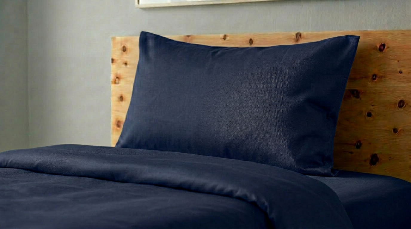 Baumwolle Satin an einem Kissen und einem Duvet. Die Bettwäsche in bleu foncé.
