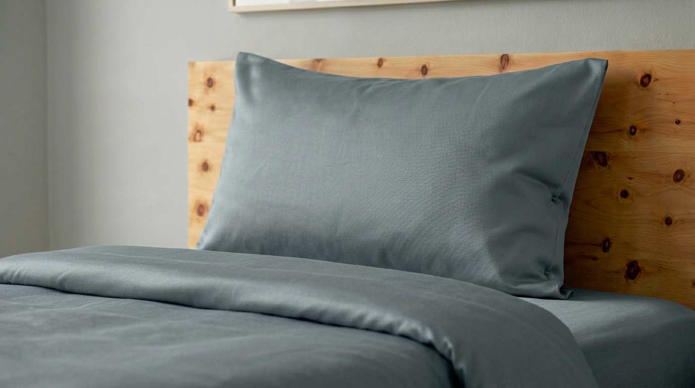 Baumwolle Satin an einem Kissen und einem Duvet. Die Bettwäsche in gris-vert.