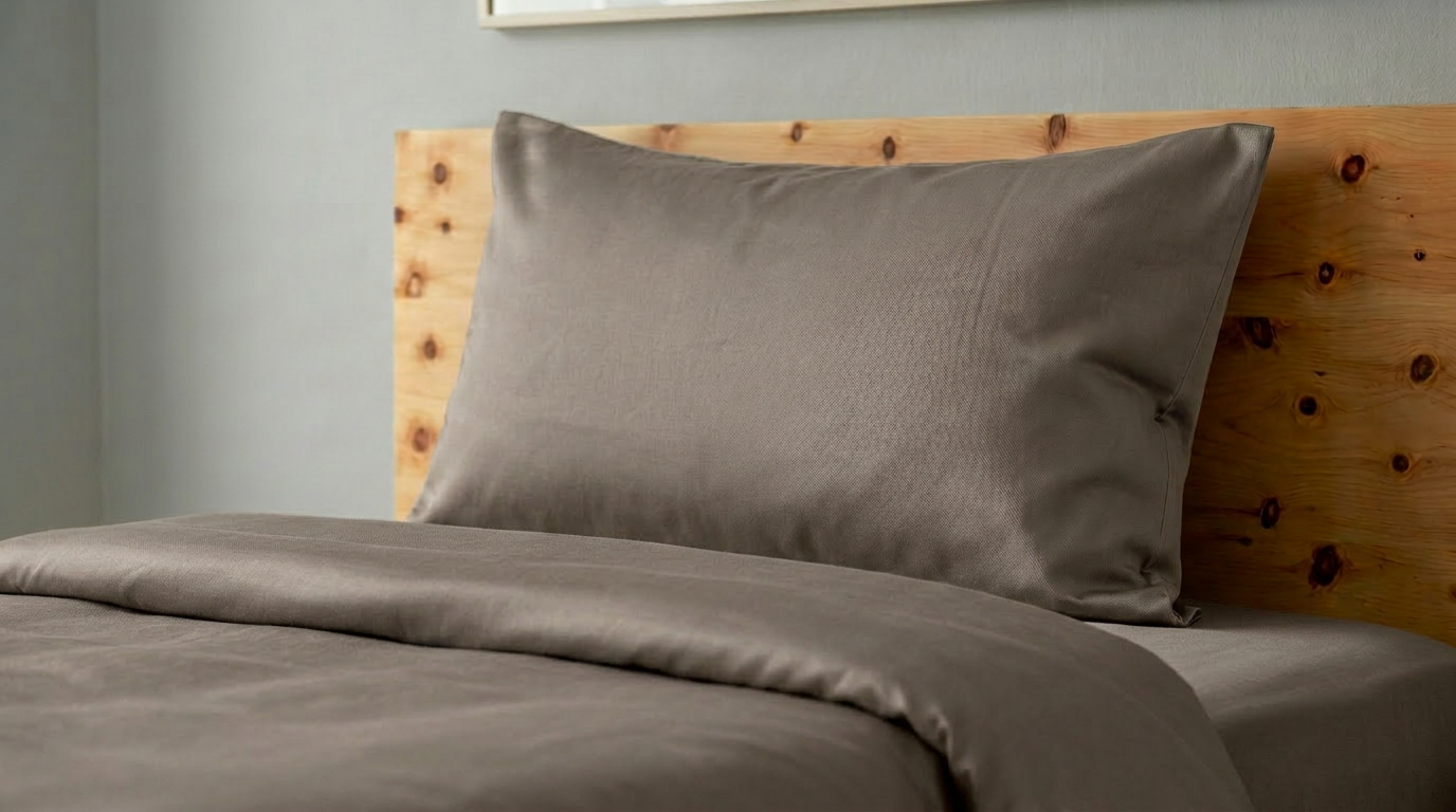 Baumwolle Satin an einem Kissen und einem Duvet. Die Bettwäsche in gris-vert claire