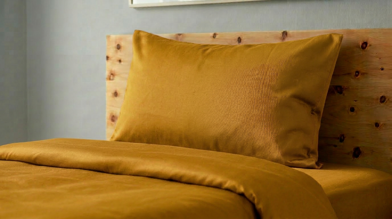 Baumwolle Satin an einem Kissen und einem Duvet. Die Bettwäsche in jaune.