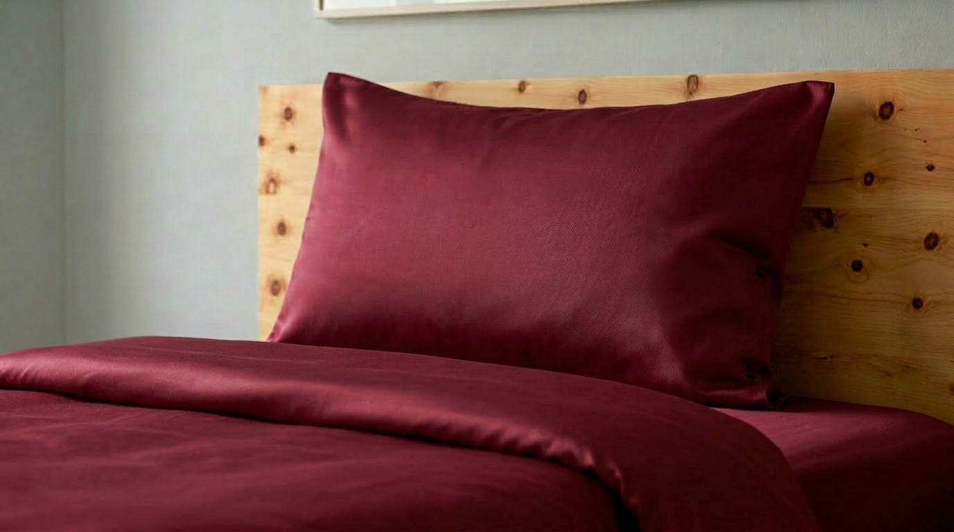 Baumwolle Satin an einem Kissen und einem Duvet. Die Bettwäsche in rouge foncé.
