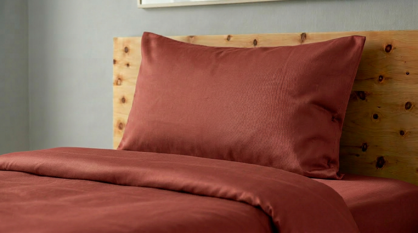 Baumwolle Satin an einem Kissen und einem Duvet. Die Bettwäsche in terre rouge.