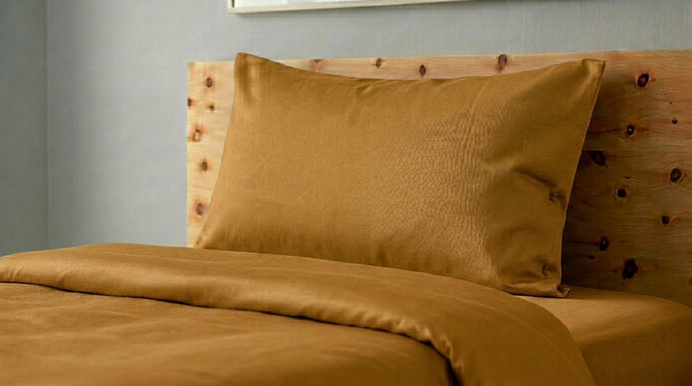 Baumwolle Satin an einem Kissen und einem Duvet. Die Bettwäsche in terre jaune.