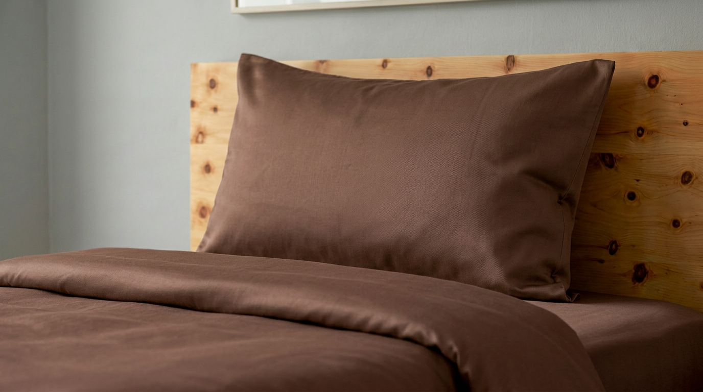 Baumwolle Satin an einem Kissen und einem Duvet. Die Bettwäsche in vert truffe.