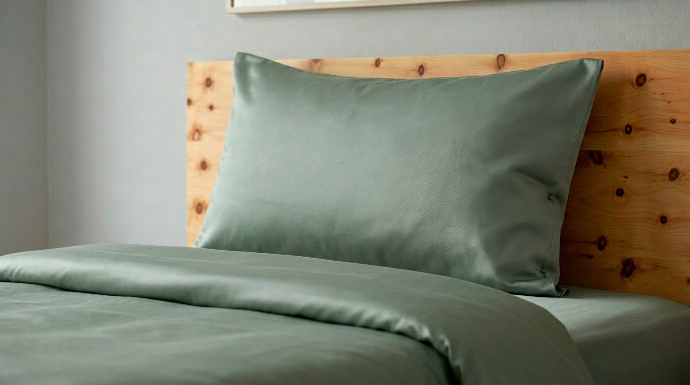 Baumwolle Satin an einem Kissen und einem Duvet. Die Bettwäsche in vert.