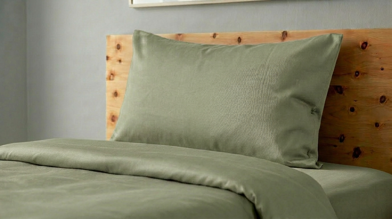 Baumwolle Satin an einem Kissen und einem Duvet. Die Bettwäsche in vert clair.