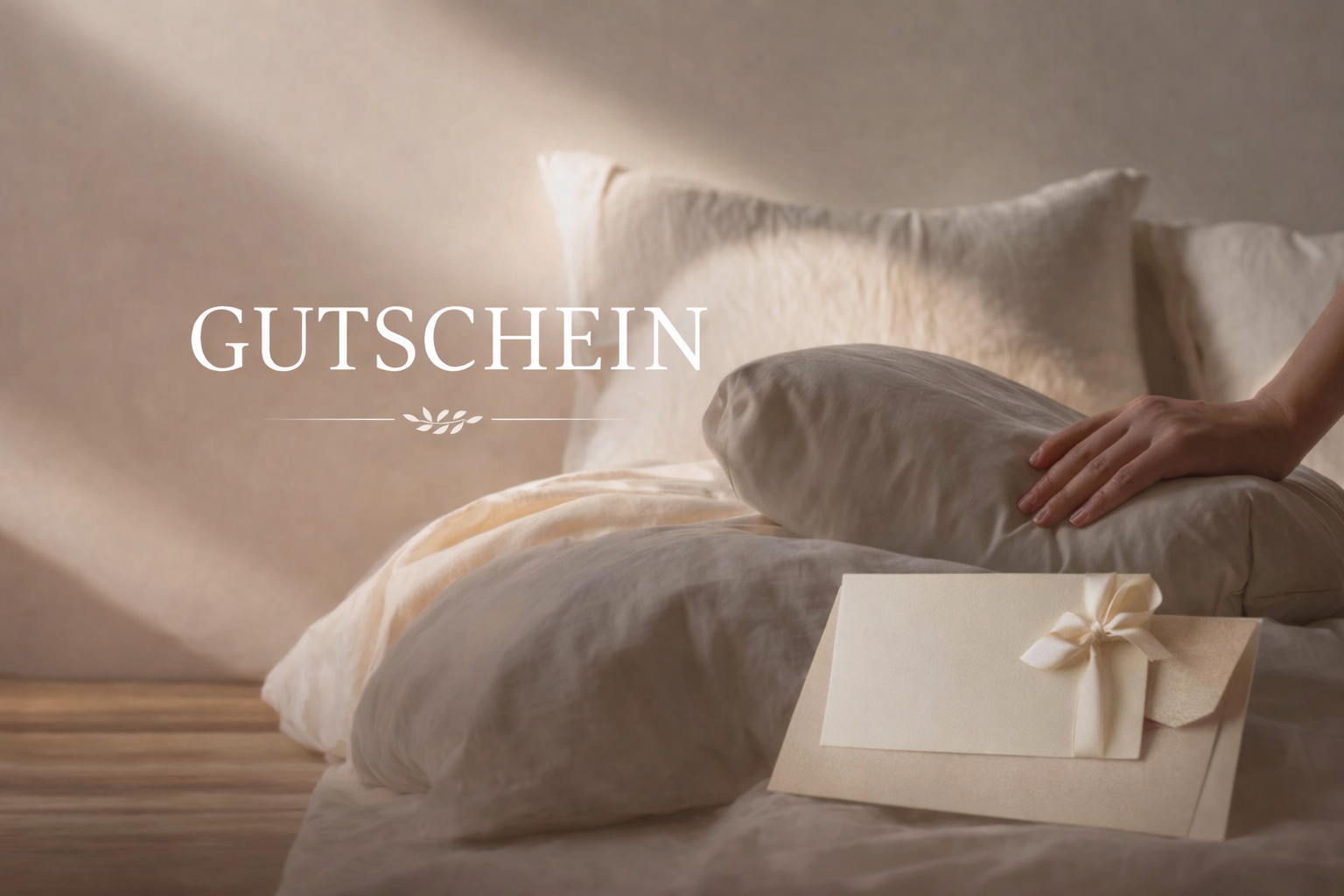 Ein Gutschein in sanften Erdtönen. Darauf sieht man eine Hand die ein weiches Kissen auf ein Bett am Boden legt. 