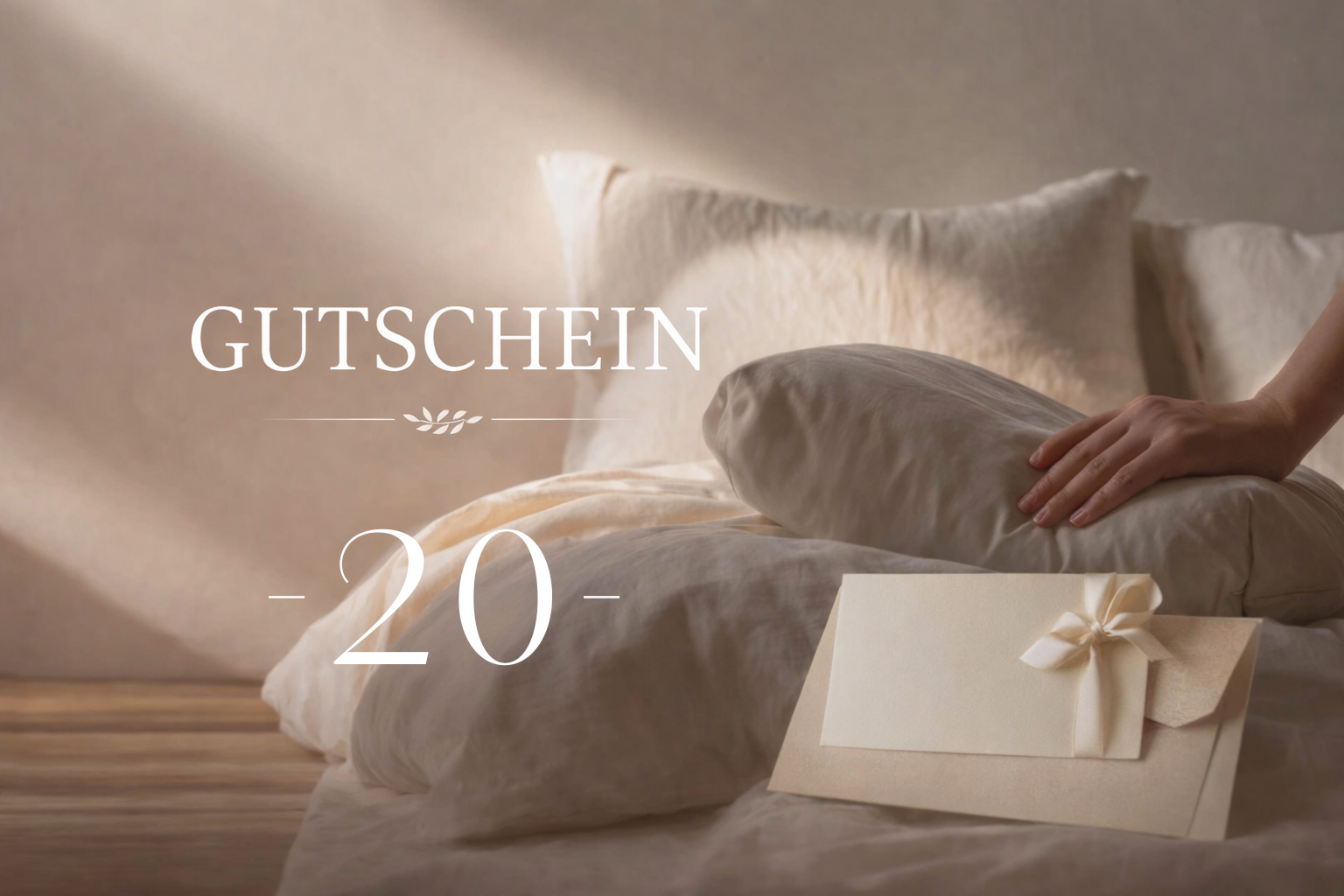 Ein Gutschein im Wert von 20 Schweizer Franken in sanften Erdtönen. Darauf sieht man eine Hand die ein weiches Kissen auf ein Bett am Boden legt. 