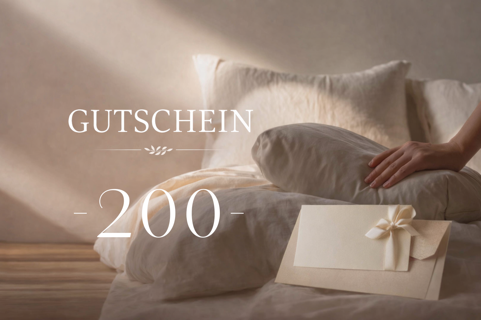 Ein Gutschein im Wert von 200 Schweizer Franken in sanften Erdtönen. Darauf sieht man eine Hand die ein weiches Kissen auf ein Bett am Boden legt. 