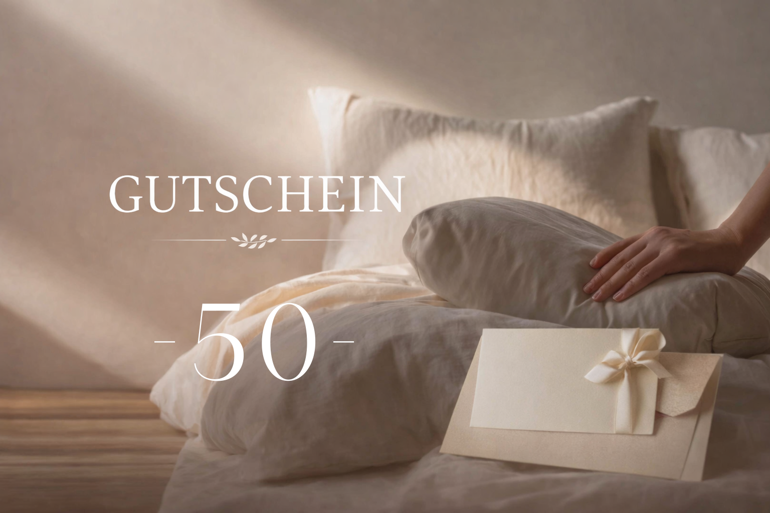 Ein Gutschein im Wert von 50 Schweizer Franken in sanften Erdtönen. Darauf sieht man eine Hand die ein weiches Kissen auf ein Bett am Boden legt. 